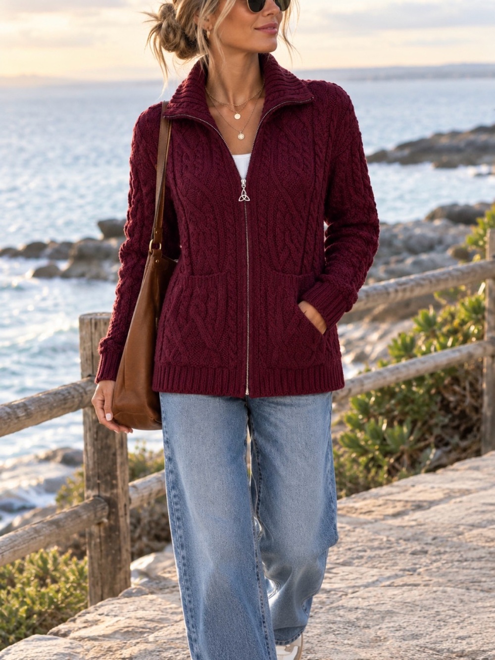 Aran Crafts Merino Wool Burgundy Cable-Knit Zip Cardigan sweater